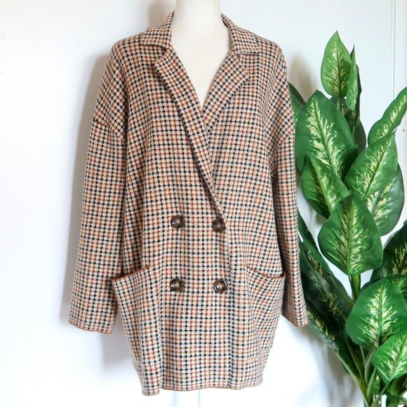 Zara Knit Oversized Houndstooth Blazer Coat Cardiga Brown Black Checked Jacket M - Picture 1 of 13